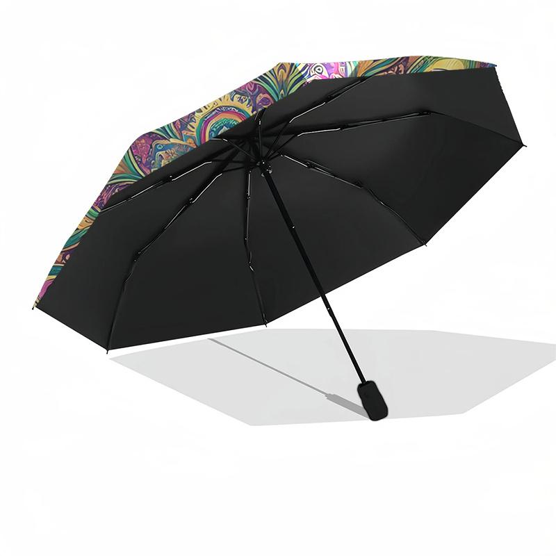 Colorful Peacock Feather Mandala Automatic Opening Folding Umbrella - Portable 3-Fold Design with Iron Frame, Perfect for Outdoor Use, Festi