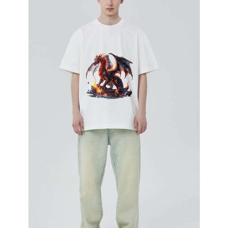 Black T Shirt with Fire Dragon Print for Casual Wear