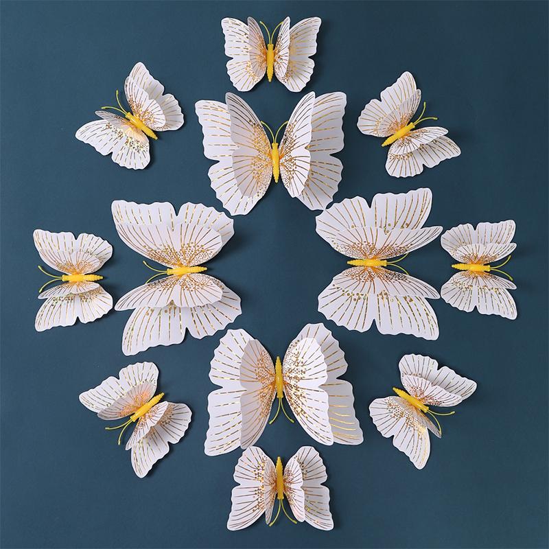 Neue 12 Stück Doppelschicht 3D Schmetterling Wandaufkleber Heimzimmer Dekor Schmetterlinge für Hochzeitsdekoration Magnet Kühlschrankaufkleber