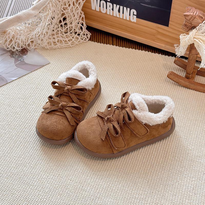Korean Style Double Bow Furry Winter Shoes for Girls, Ages 1-6, Plus Velvet Cotton.