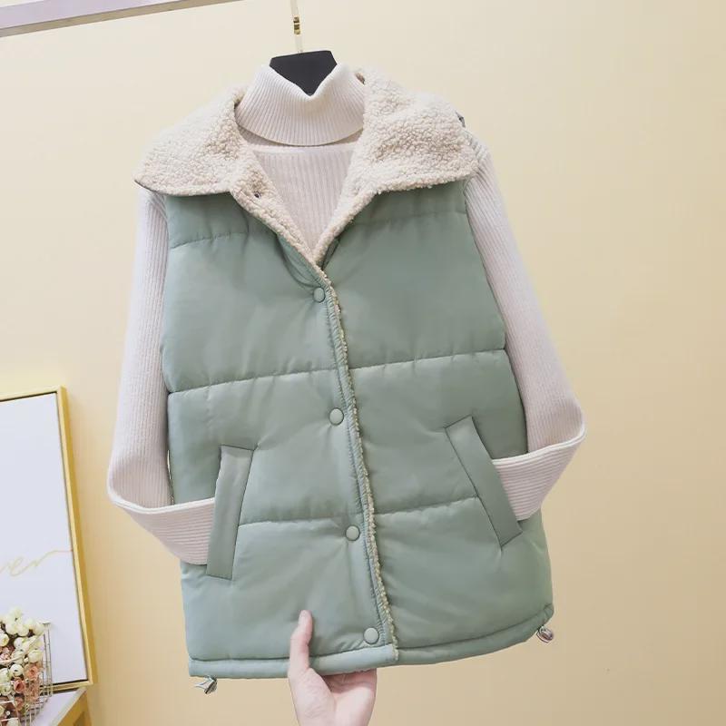 2024 Korean Women's Short Sleeveless Lamb Wool Down Vest for Autumn/Winter