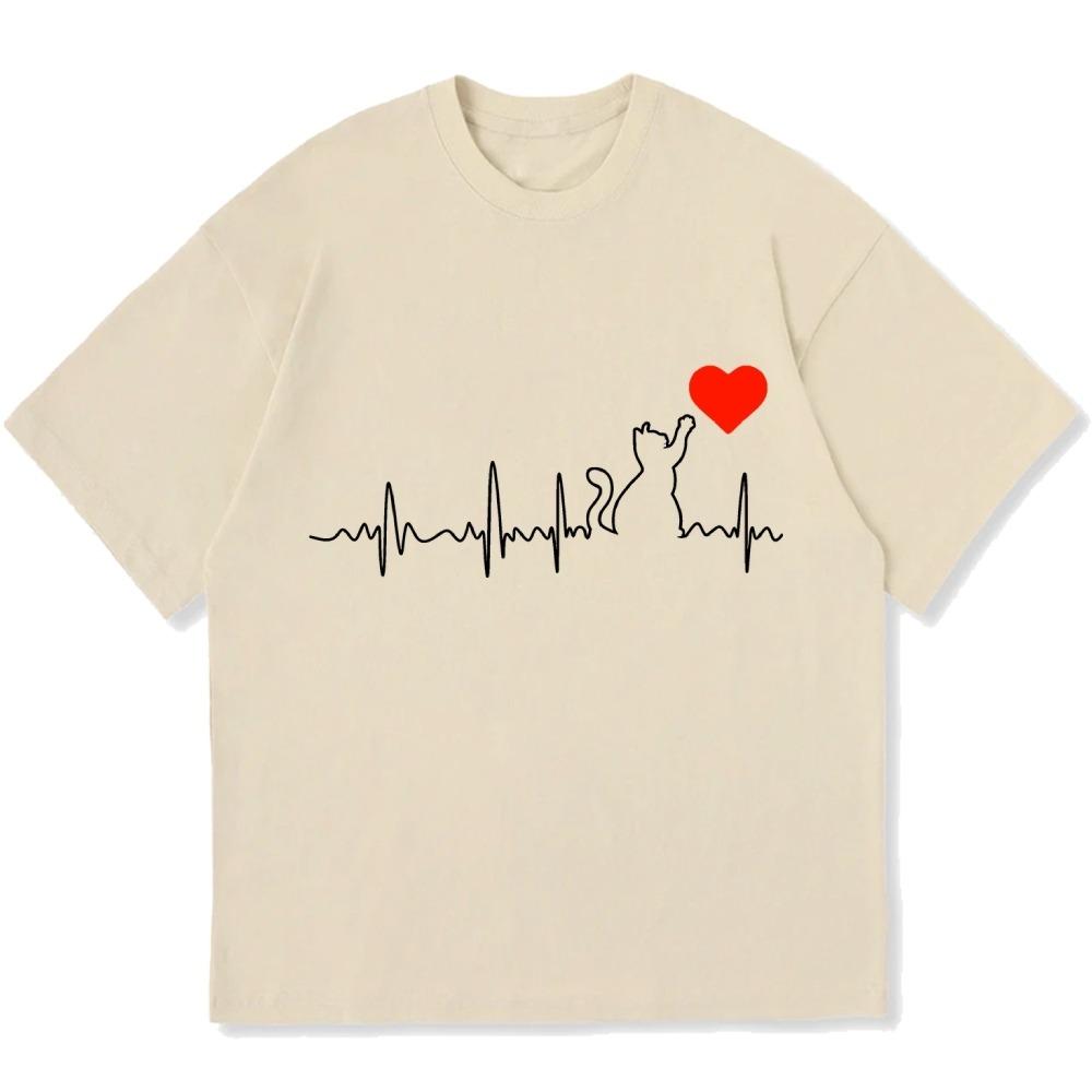 Fashion Cat Heartbeats Printed Cotton casual T-shirt Unisex Short Sleeve Round Neck Valentine's Day Couple Tees Tops