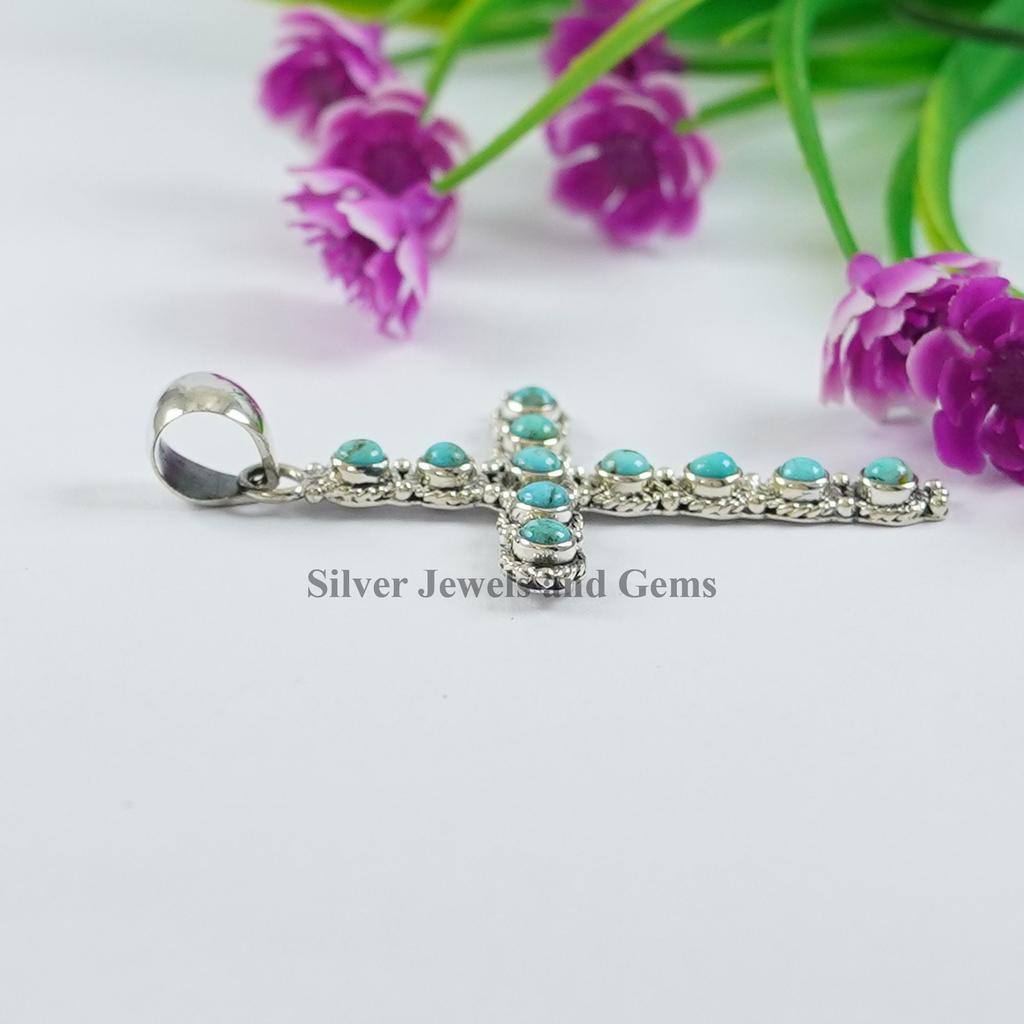Natural Turquoise Cross Pendant, Anniversary Pendant, Round Multi Stone Pendant, 925 Sterling Silver Pendant, Arizona Turquoise Pendant