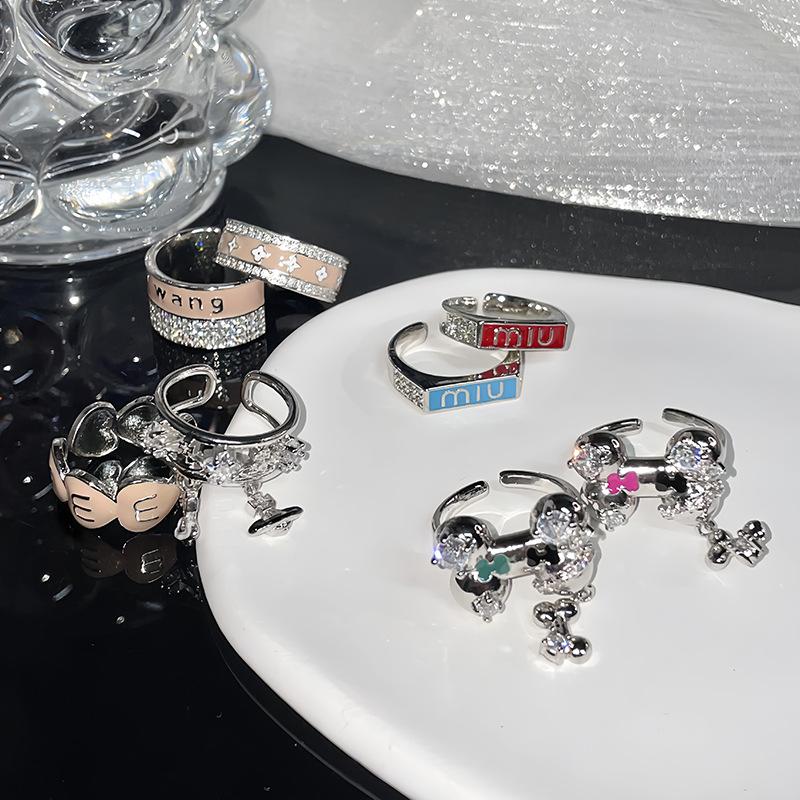 Osso di Cane Cartoon Goccia d'Olio Smalto Anello Aperto Pieno di Diamanti Zircone Sensazione di Lusso Impilabile Indossare Anello Sensazione di Lusso