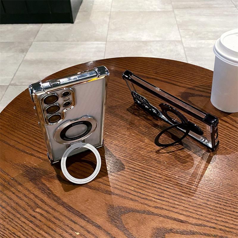 Samsung S25ultra Mobile Phone Case Suitable for S24 Transparent Four Corner Magnetic Fulcrum Bracket Shell NOTE20A34