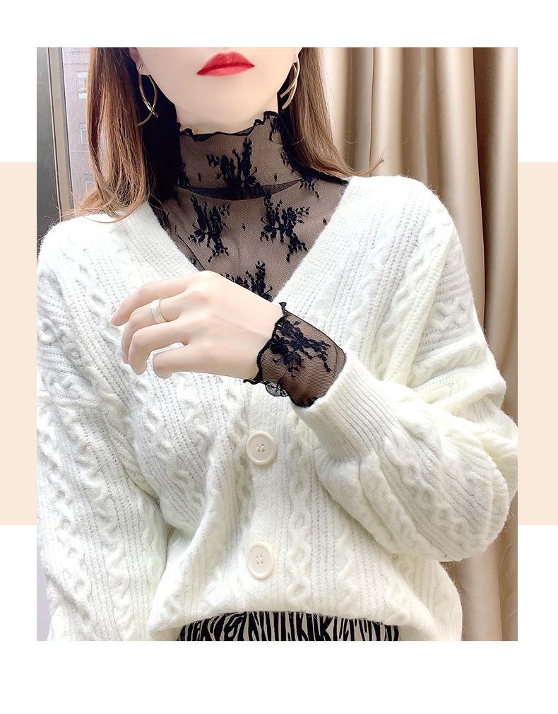 Women's High-End Lace Base Layer Top, Autumn/Winter, Velvet Warmth, Mesh Jacquard Collar, Slightly Sheer, Stylish Design