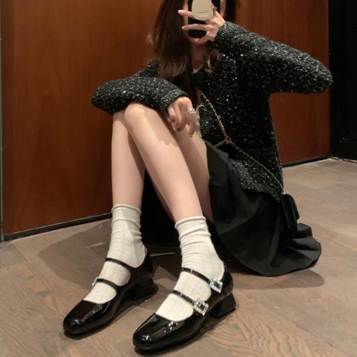 Strictly Selected Source Litong Square Head Internet Celebrity Women's Shoes Rhinestone Thick Heel Mary Jane Shoes Women's Small Fragrant Single S