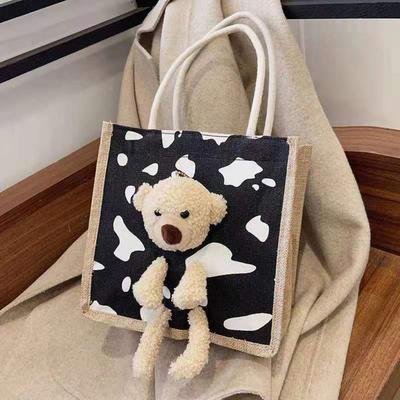 Portable Canvas Tote Bag Women Girls Multi Purpose Cute Bear Handbag for Outdoor Activity Picnic