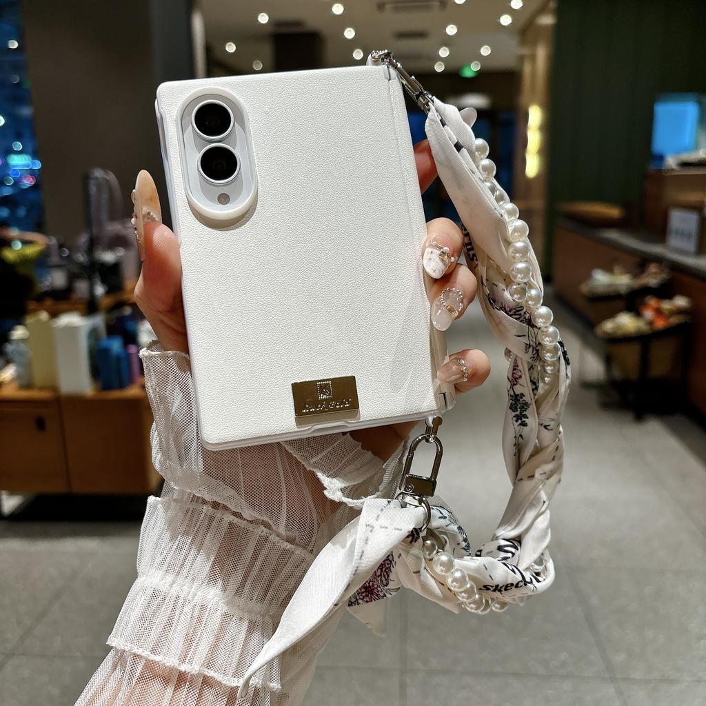 Fashion Pearl Silk Scarf Wrist Strap Leather Phone Case for Samsung Z Fold 8 Wide Shockproof Lens Protrusion Portable Slim Cover