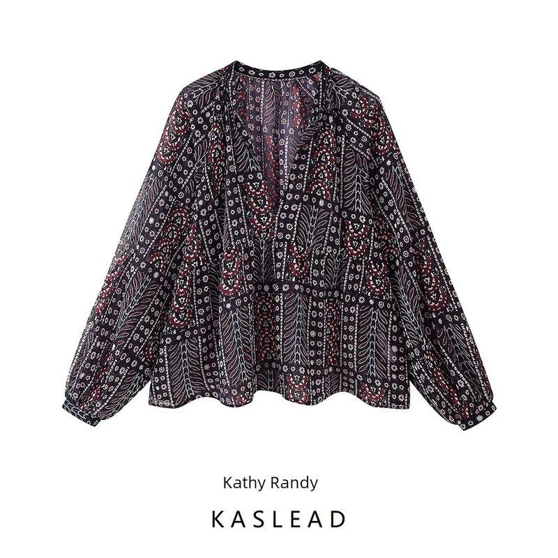 Kaslead New Arrival Women's Fashion Style Metal Color Line Fashion Print Cover Long Sleeves Shirt 5770024