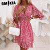 GMXIA Summer Floral Print Mini Dresses Women Vintage Sexy A-Line V-Neck Half Sleeve Party Dress Female Casual Elegant Beach Dress