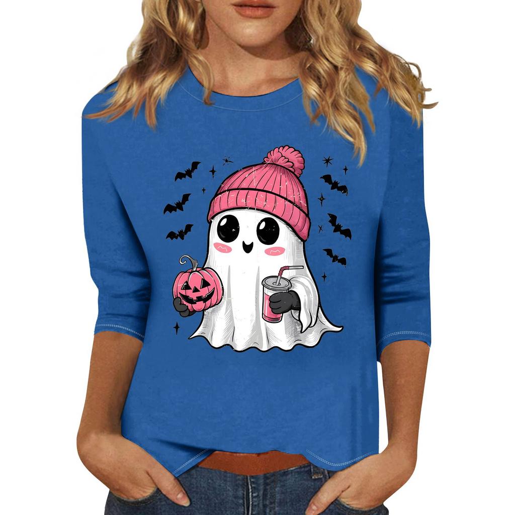 Women's Fashion Casual Three-Quarter Sleeve Halloween Print Round Neck T-Shirt Top