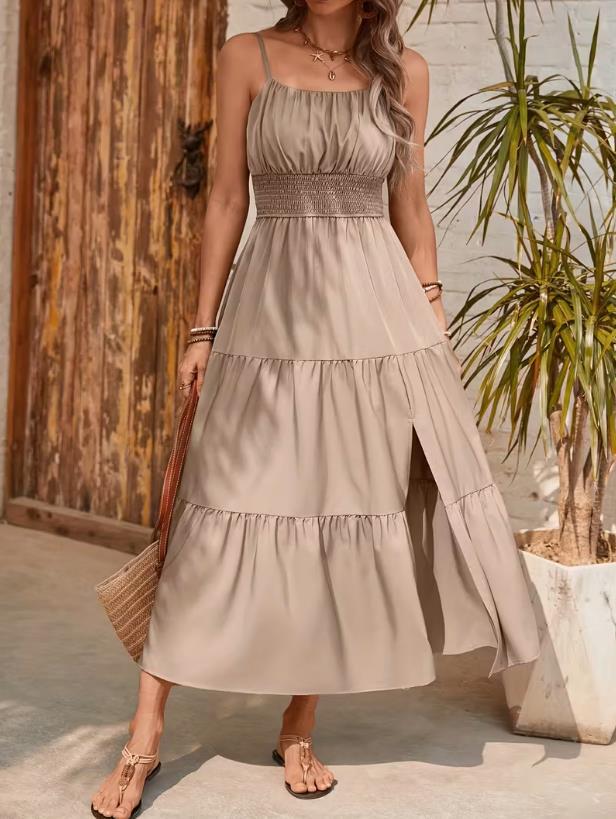 2026 Spring/Summer European & American Spaghetti Strap Layered Waist-cinching Solid Color Women's Long Dress