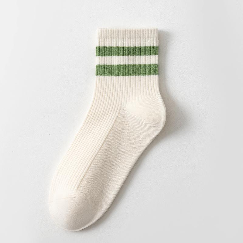 Women's Solid-color Cotton Socks, Mid-calf Socks, Breathable, Antibacterial, Deodorizing Striped, Versatile Sports Women's Socks