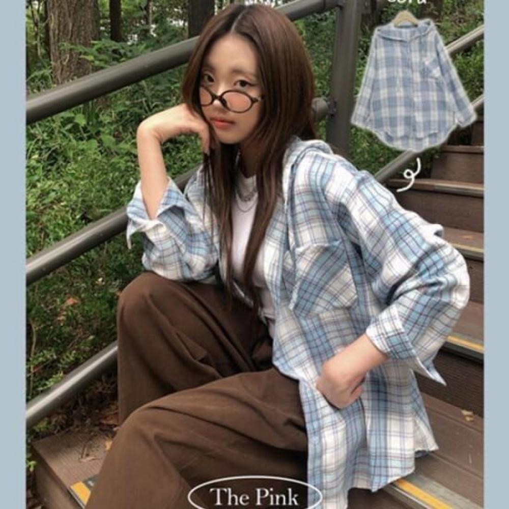 The Pink Oversized Vintage Pocket Check Hoodie Shirt