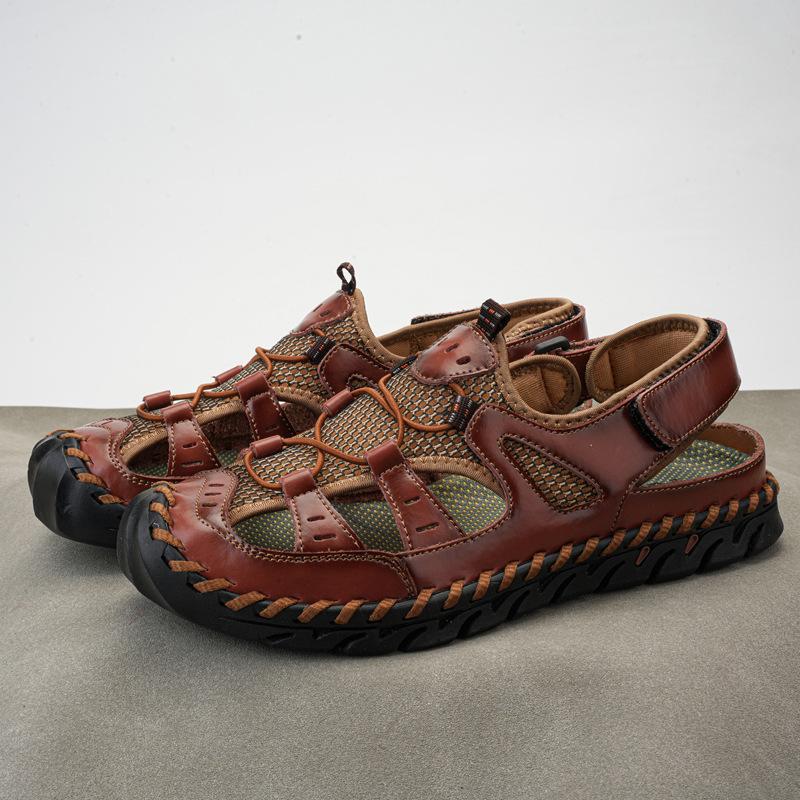 

Сандалии из натуральной кожи в сетку, большие дышащие туфли ручной работы, летняя повседневная мужская пляжная обувь 38 темно-коричневого