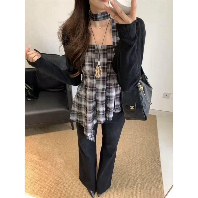 

Kumikumi Sweet and Spicy Wind Suit Pure Color Cardigan Outwear Female Autumn Asymmetrical Plaid Camisole Two-piece Set Black Two-piece set One size