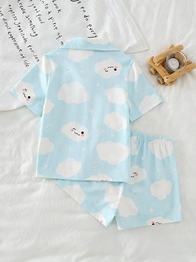 Girls Cloud Print Pajama Set, Soft Button-Down Short Sleeve Sleepwear, Cute Loungewear for 4-7 Years