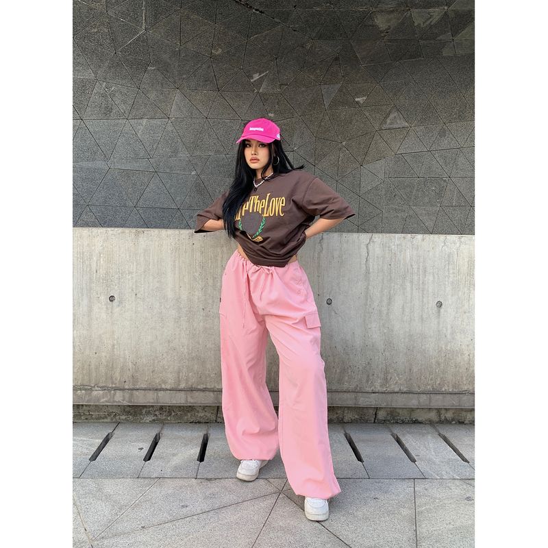 

Brother Nan Loose-Fit Sexy Cargo Pants Women s Spring and Summer Plus Size Plus Size Ladies Loose Slim Looking Street Casual All-Match Wide Leg Pants Pink XL