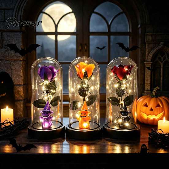 Spider Theme Party Props Halloween Indoor Light Up Rose In Plastic Dome Cloche, Artificial Preserved Decorative Glass Cloche Display Night with