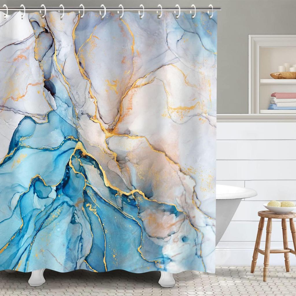 Blue Marble Shower Curtain, Abstract Teal Navy Ombre Striped Design With Hooks
