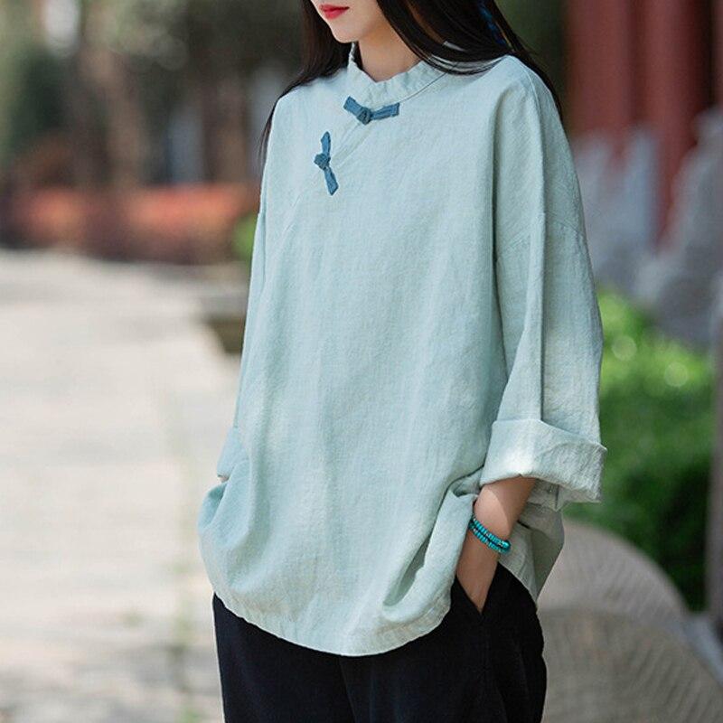 

ФеяНатуральные дамы Китайский стиль Рубашки и топы Стоят с длинным рукавом Новые женщины Хлопок Лен Плюс Размер Блузки 2021 Летняя осень 2021