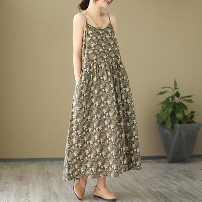Women Summer Big Swing Long Floral Dress Sexy Spaghetti Strap Loose Print Cotton Linen Dresses