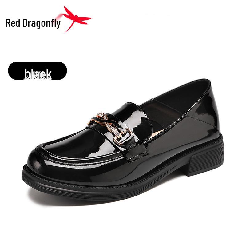 Red Dragonfly Women s Black Shiny Slip-On Loafers with Chunky Heels - Autumn British Style Flat Shoes 37