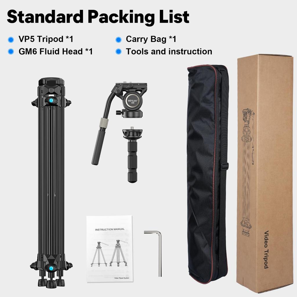 WEYLLAN VP5 Video 65 inches Professional Fluid 6kg Load Compatible with DSLR Cameras and Video Cameras Tripod, (approx. 165cm), Grade, Head,