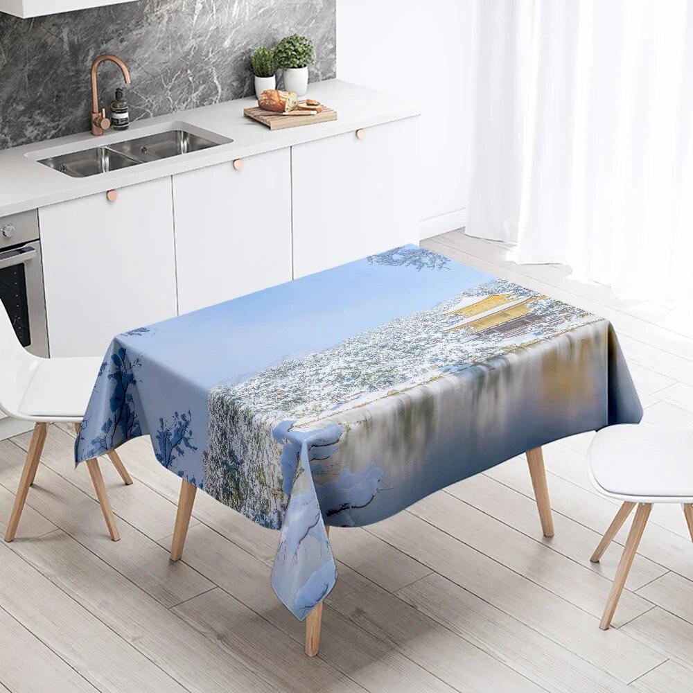 Față de masă cu zăpadă de iarnă frumoasă, anti-fouling, impermeabilă, dreptunghiulară, pentru decorarea casei