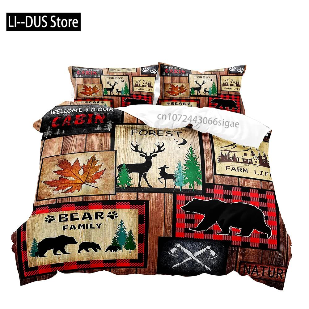 Farmhouse Bedding Sets Deer Elk Moose Mountain Woodland Animals Duvet Cover, Rustic Bedroom Decor, 2 Pillowcases Bedroom Decor