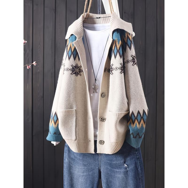 

Plus Size, Rice Leaf Directional Elegant Fashion Cardigan for Women, Autumn/Winter Versatile Plus Size Turn- Collar Coat Loose Sweater Outerwear 3XL