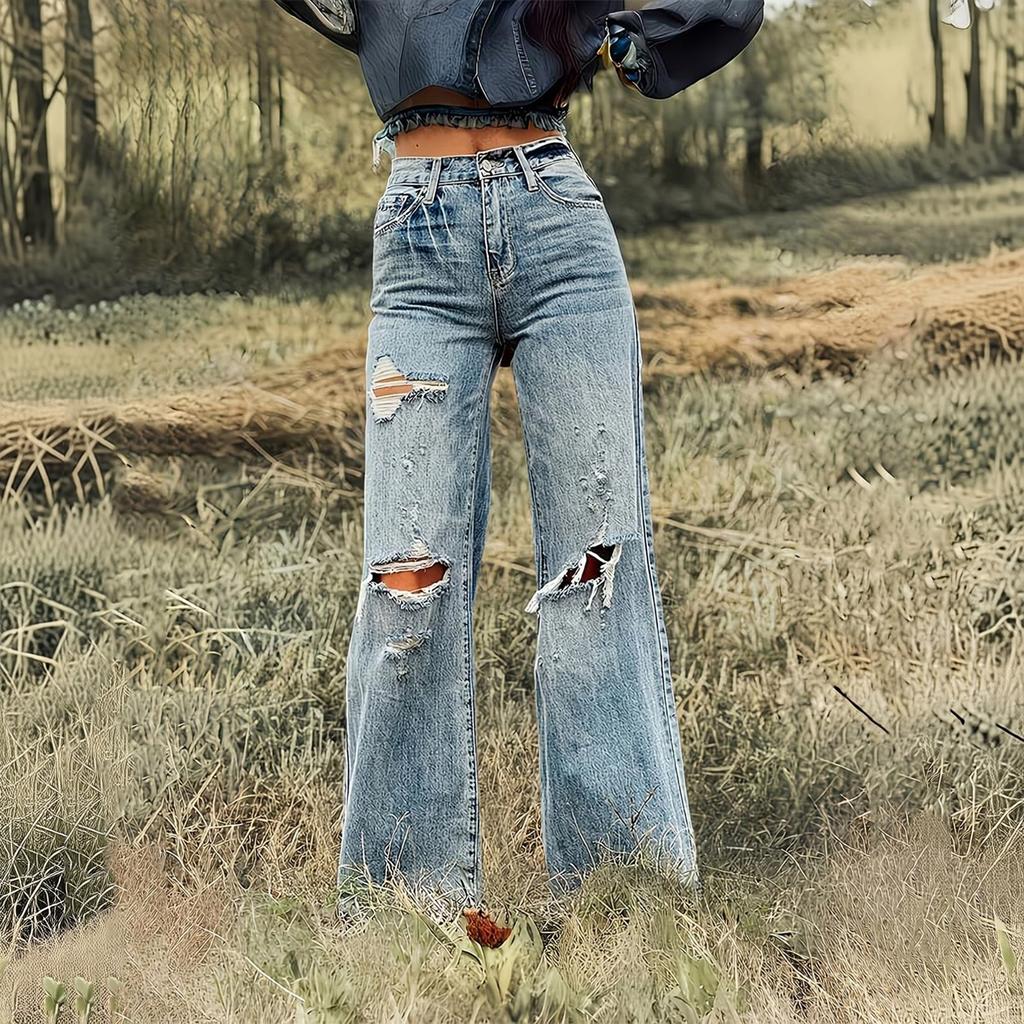 Women's Casual Ripped Wide Leg Jeans