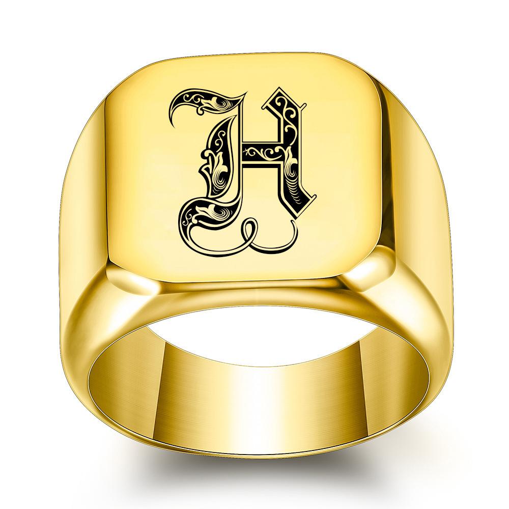 Europe, America 26 personalized English initials titanium steel ring male retro punk square 14MM gold trendy male wholesale