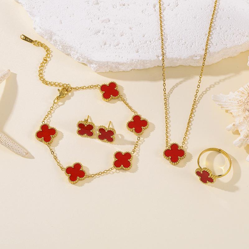 4PCS 13MM Double-Sided Mother-of-Pearl Lucky Four-Leaf Clover Bracelet, Earrings and Ring Four-Piece Women's Jewelry Set