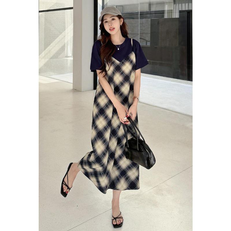 DIMANAF Women 2025 New Summer Plus Size Casual Plaid Short Sleeve Dress Basic Loose Long Dress Maxi
