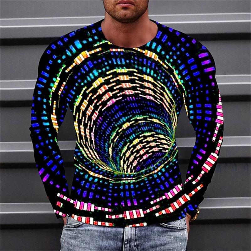 Optical Illusions Pattern 3D Printed Casual Long Sleeved Men's T-shirts - Soft Medium Stretch Polyester Fabric Spring and Autumn Relaxed Fit Clothing