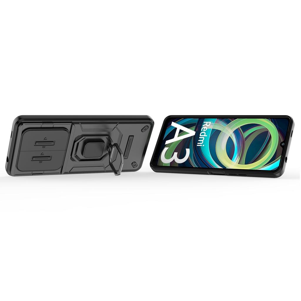 For Xiaomi Redmi A3 4G/Poco C61 4G Case with Slide Camera Cover Ring Kickstand PC+TPU Phone Shell Protector