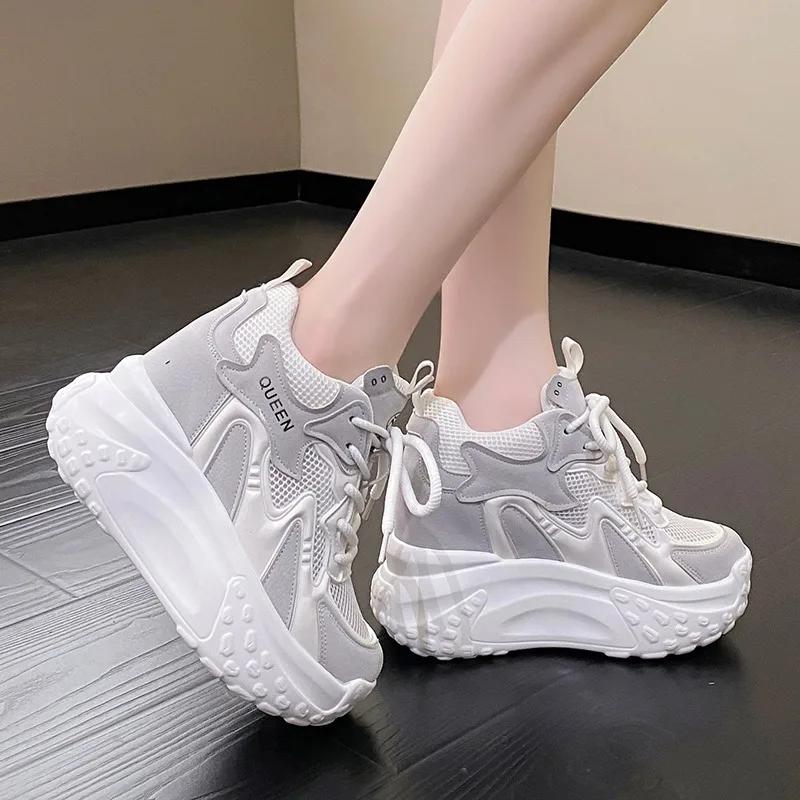Fashion Women Casual Leather Sneaker Autumn Lace Up 10CM High Platform Shoes Thick Sole Sport Dad Shoes Woman Sneakers Chaussure Femme