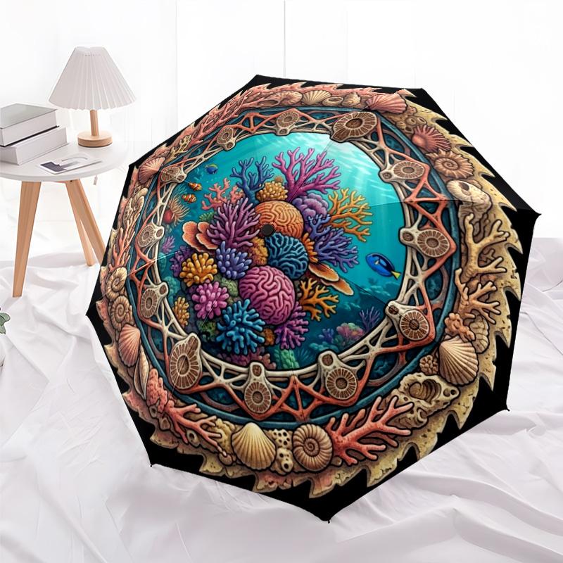 Underwater Coral Reef Scene Pattern Umbrella, Portable and Foldable Design, 8 Ribs, a Casual Accessory for Halloween, Christmas, and Birthday Gifts.