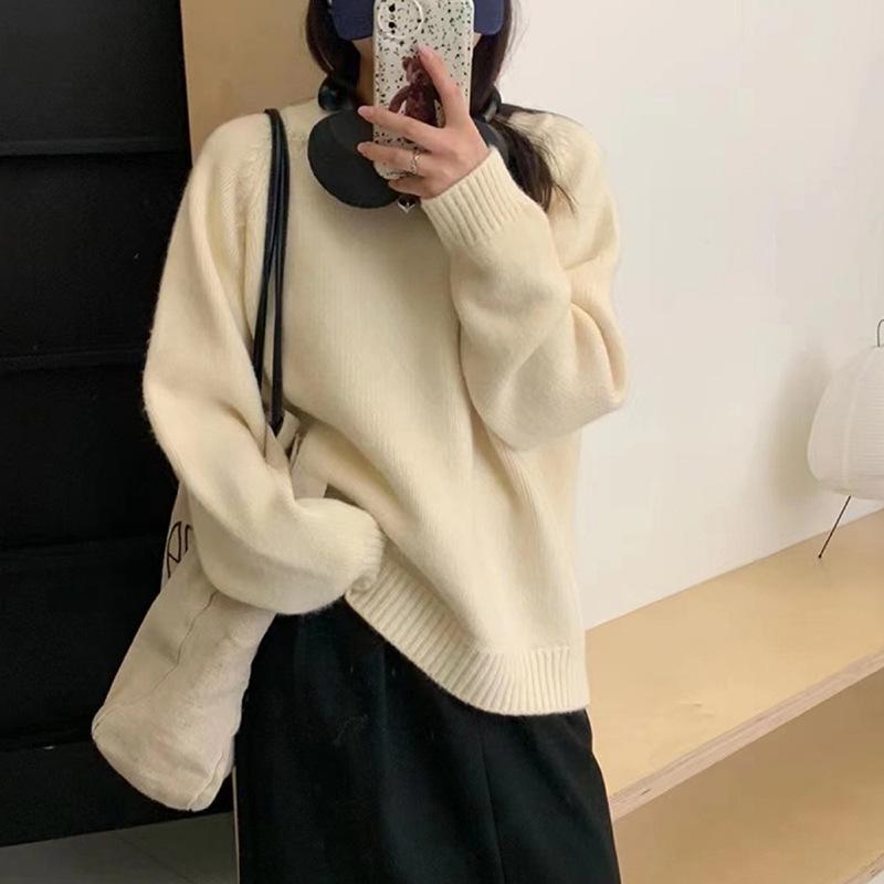 Versatile Sweater Women Thick Loose Autumn Winter Round Neck Minimalist Solid Korean Knit Top