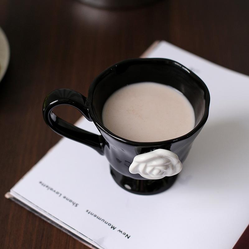 Camellia Embossed French Household Creative Breakfast Milk Cup, Ceramic Mug, Office Coffee Cup, Retro Mugs with Handle