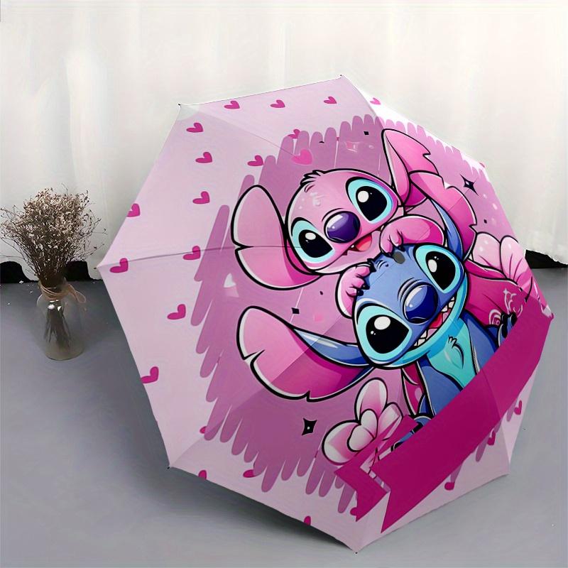 Stitch,Love Automatic Folding Umbrella Simple 8 Rib Design, Bright Cartoon Pattern, Durable Iron Frame, Suitable For Travel, Outdoor, Beac