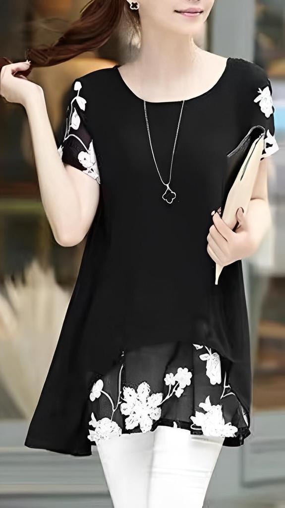 Aspersio Simple Layered Floral Tunic Top with Short Sleeves and Features Tiered Cuff Straight and Round Crew Cut and Sewn Asymmetrical Pullover