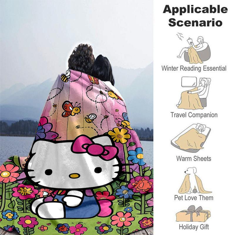 1pc Flowers and Butterflies Hello Kitty in a Colorful Garden Blanket, Soft Throw for Home Decor, Gift Idea for Family and Friend, Seasonal Use Blanket