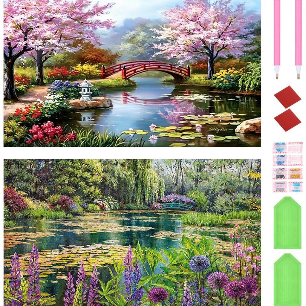 2pcs Landscape 5D DIY Full Drill Round Diamond Painting Kit for Home Wall Decor