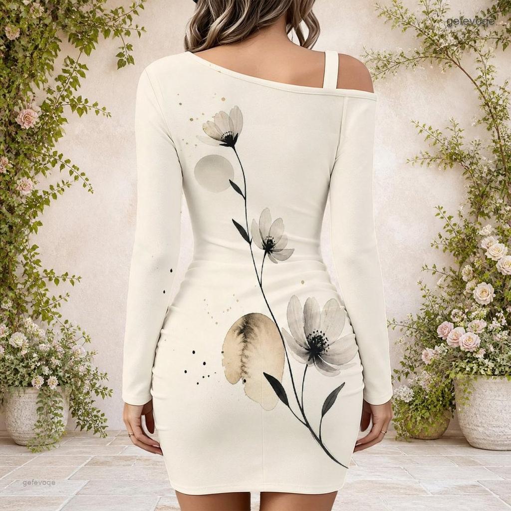 Plus Size Ladies Slanted Off Shoulder Long Sleeve A Line Dress