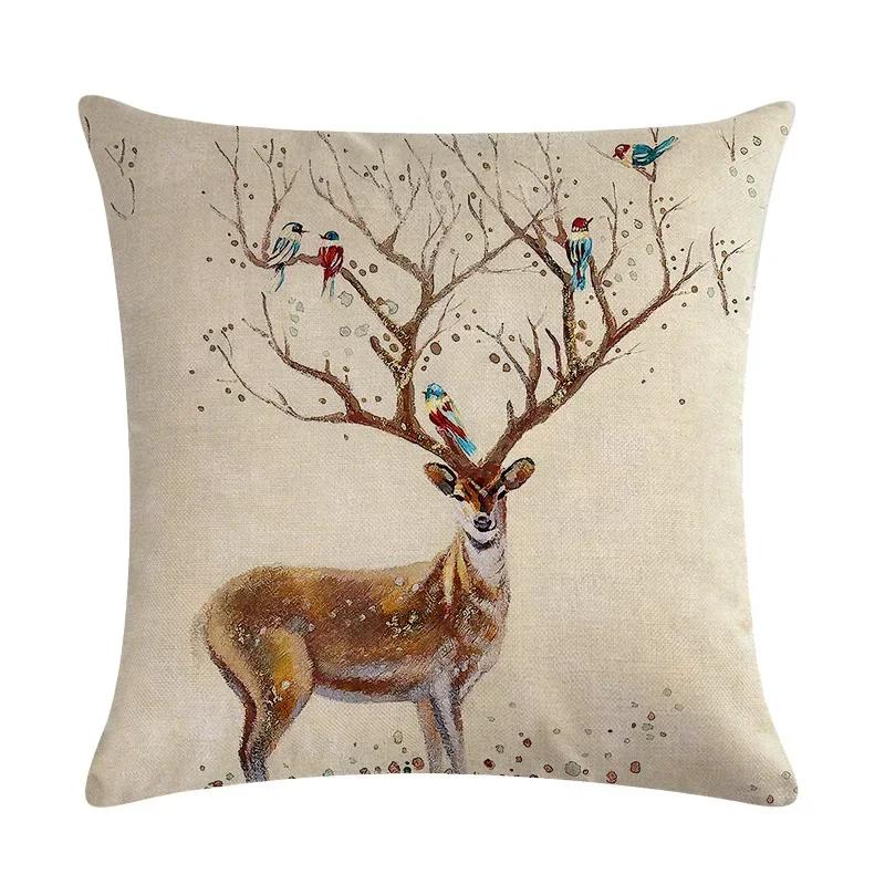 Nordic Cartoon Moose Art Oil Painting Linen Cushion Cover Living Room Sofa Car Decoration Furniture Pillow Cover 45*45Cm