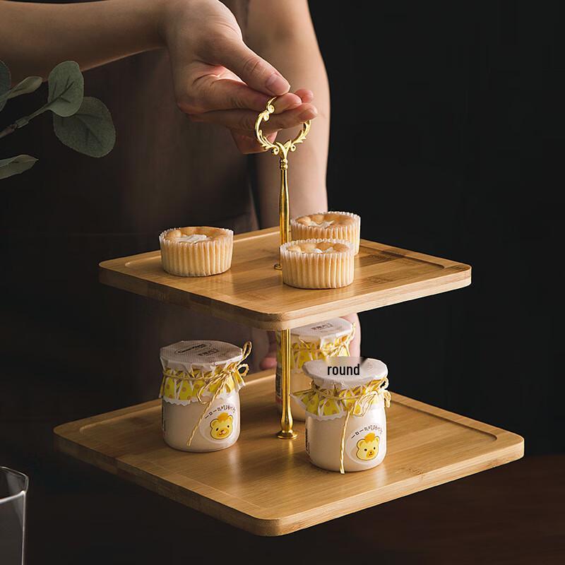 European Style Square Two-Tier Bamboo Wood Serving Platter