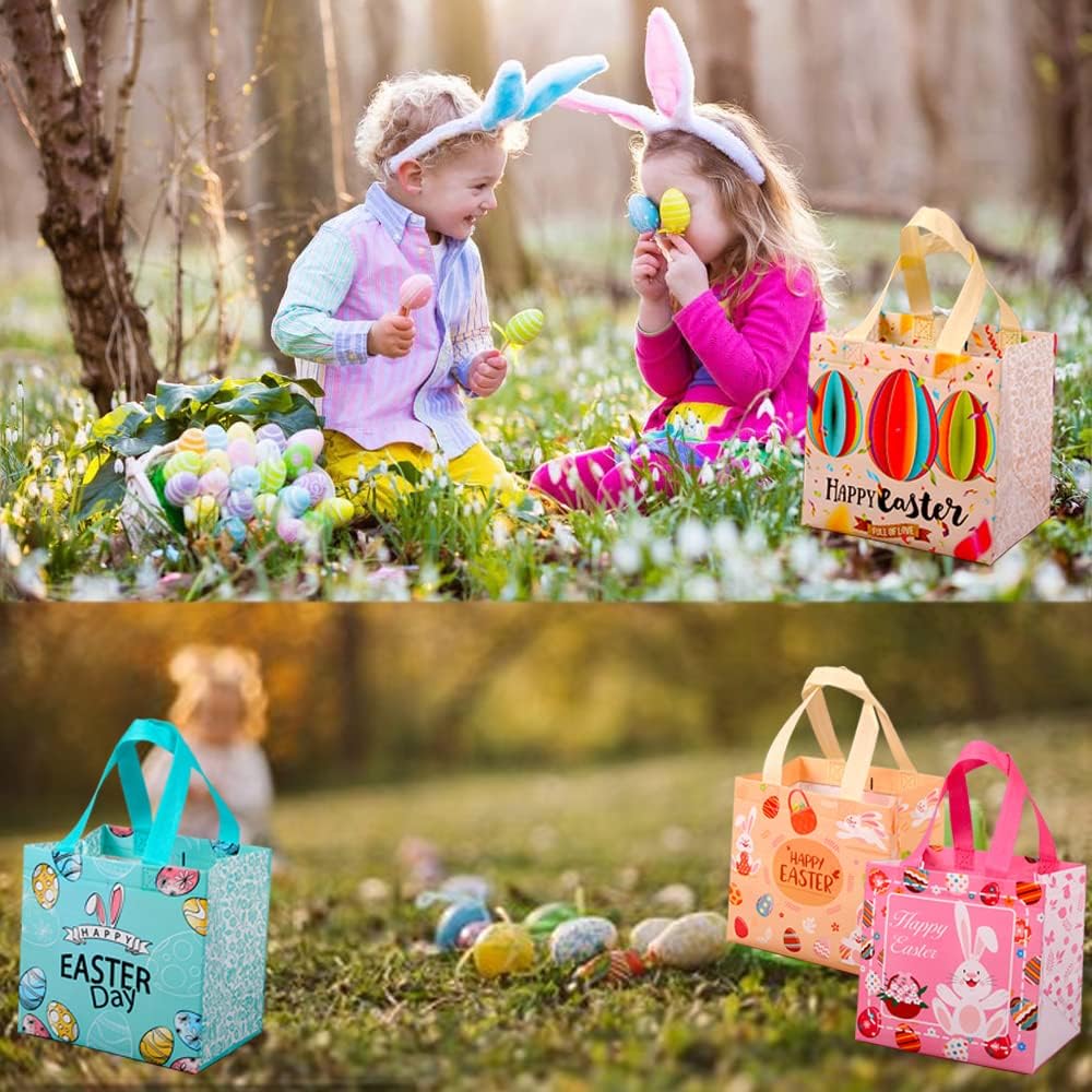 Easter Handle Tote Bags – Reusable Non-Woven Gift Bags For Bunny Egg Hunt Party Favors – 4/6/12 Pack Options (8.26x7.87x5.9")
